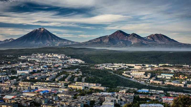 Koryaksky, Avachinsky and Kozelsky volcanoes above Petropavlovsk-Kamchatsky