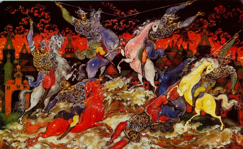 Иван Голиков. «Битва», 1927 год. Палехская миниатюра